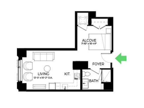 Floor plan for studio, 1 bath, 525 sqft